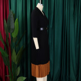 Blazer Collar Fashion Colorblock OL Elegant Pleated High Waist Office Dress with Belt
