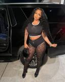 Black White Patchwork Round Neck Moon Print Tight Fit Two Piece Shorts Set