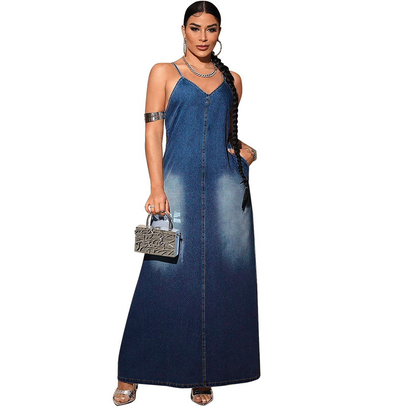 Denim Straps Casual Maxi Dress