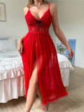 Sexy Red Strap Lace Long Slit Night Dress