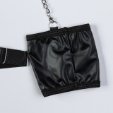 Black PU Leather Teddy Lingerie Metal Chain Halter Fringe Hollow Sexy Bodysuit