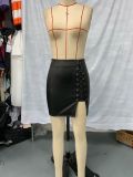 Black Lace-Up Slit PU Leather Bodycon Skirt