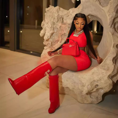 Fashion Red Sleeveless Crop Tank Top V Waist Shorts 2 Piece Set