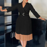 Blazer Collar Fashion Colorblock OL Elegant Pleated High Waist Office Dress with Belt
