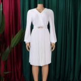 Solid V-Neck Pleated Midi Dress with Belt
