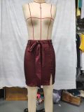 Solid PU Leather Belt Zipper Studded Bodycon Skirt