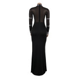 Sexy Rhinestone See-Through Mesh Patchwork Slit Night Club Dress