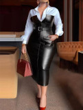 Pu Leather Belted Patchwork Contrast Long Sleeve Midi Dress