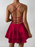Sexy Red Backless Lace-Up Straps Satin Layer Dress