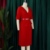 Solid Half Sleeve V-neck Pleated Belted African dress