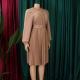 Solid V-Neck Pleated Midi Dress with Belt
