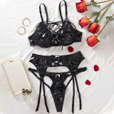PU Leather Three-Piece Lingerie Sexy Hollow Low Back Gathered Bra Set