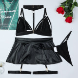 Black PU Leather Lingerie Sexy Halter Hollow 4 Pieces Lingerie Set