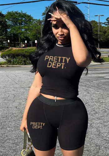 Print Letters Short Sleeve Two Piece Shorts Set