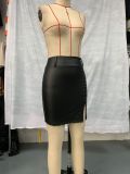 Solid PU Leather Belt Zipper Studded Bodycon Skirt