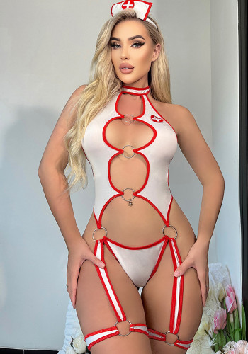 Halter Neck Nurse Uniform Hollow Backless One-Piece Lace-Up Sexy Lingerie