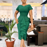 Solid Elegant Short Sleeve Ruffled Midi Dress
