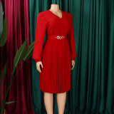Solid V-Neck Pleated Midi Dress with Belt