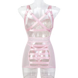 Cross Hollow Pu Leather Patchwork Bodycon Dress Pink Sexy Lingerie