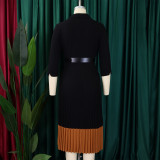 Blazer Collar Fashion Colorblock OL Elegant Pleated High Waist Office Dress with Belt
