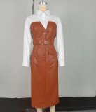 Pu Leather Belted Patchwork Contrast Long Sleeve Midi Dress