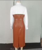 Pu Leather Belted Patchwork Contrast Long Sleeve Midi Dress