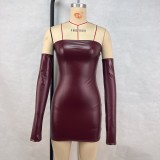 Pu Leather Sexy Strapless Bodycon Dress with Gloves