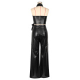 PU Leather Two-piece Set Sleeveless Halter Neck Sexy Tank and Pants