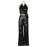 PU Leather Two-piece Set Sleeveless Halter Neck Sexy Tank and Pants