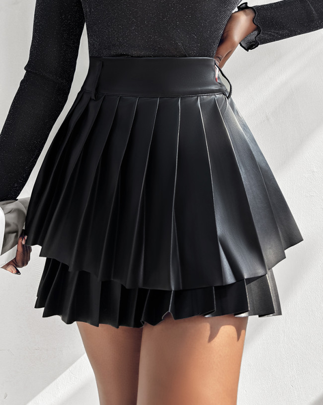 High Waist Double Layered Pleated Pu Leather Skirt