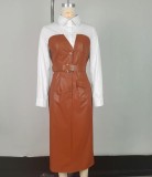 Pu Leather Belted Patchwork Contrast Long Sleeve Midi Dress