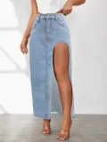 High Slit Washed Long Denim Skirt