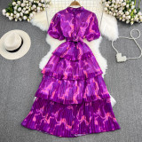 Tie-Dye Print Puff Sleeve Stand Collar Slim Waist A-Line Layer Long Dress
