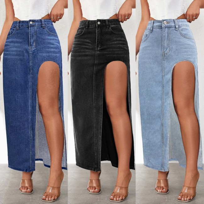 High Slit Washed Long Denim Skirt