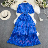Tie-Dye Print Puff Sleeve Stand Collar Slim Waist A-Line Layer Long Dress
