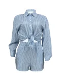 Striped Casual Long Sleeve Shirt Striped Shorts Two Piece Set