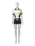 Contrast Zip Up Crop Top Sports Short Sleeve Shorts Set