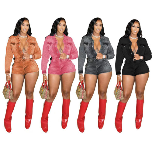 Long Sleeve Stretchy Denim Rompers