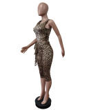 Leopard Stretchy Tie Waist Crop Pants Two Piece Set