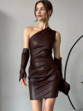 PU Leather Slash Shoulder Sleeveless Ruched Bodycon Dress with Gloves
