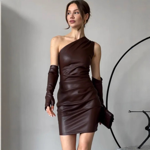 PU Leather Slash Shoulder Sleeveless Ruched Bodycon Dress with Gloves