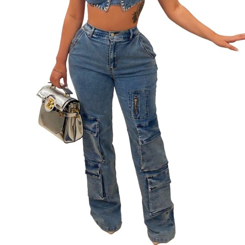 Cargo Pocket Zipper Casual Elastic Waist Denim Trousers