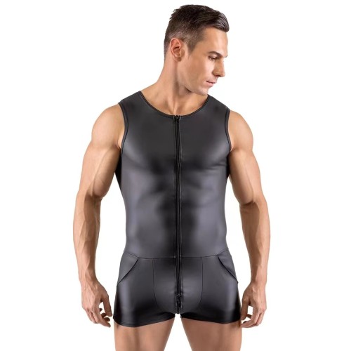 Men's PU Leather Sexy Lingerie Black Zipper Sleeveless Bodysuit