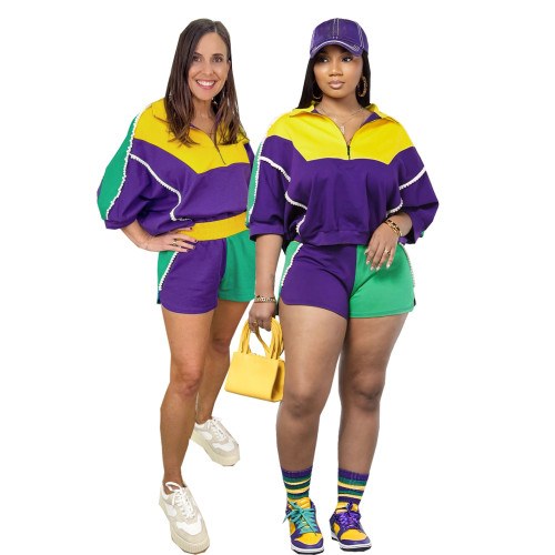 Contrast Colorblock Casual Sports Two Piece Shorts Set
