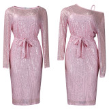 Slash Shoulder Sequin Sexy Two Piece Party Dress