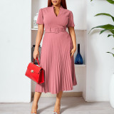 Short Sleeve V-Neck Bleted High Waist Pleated Dress