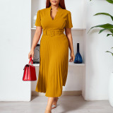 Short Sleeve V-Neck Bleted High Waist Pleated Dress