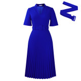 Short Sleeve V-Neck Bleted High Waist Pleated Dress