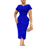 Solid Elegant Short Sleeve Ruffled Midi Dress