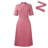 Short Sleeve V-Neck Bleted High Waist Pleated Dress